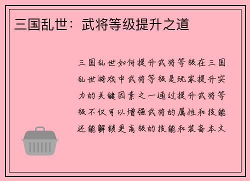三国乱世：武将等级提升之道